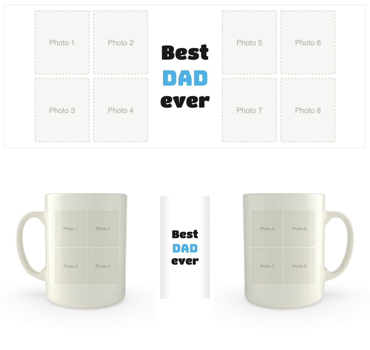 White mug printed with Best Dad Ever and eight photo frames