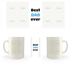 White mug printed with Best Dad Ever and eight photo frames