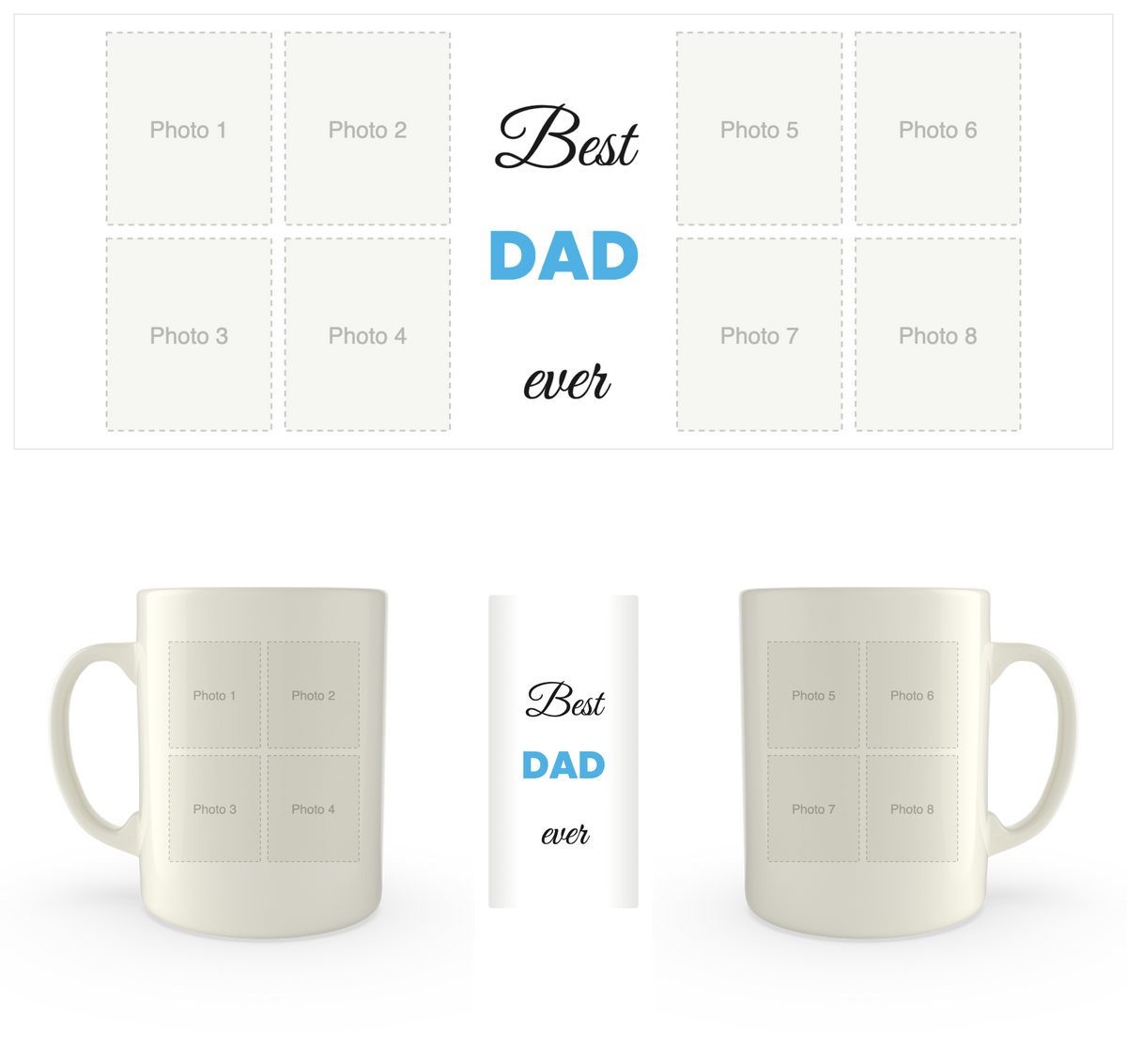 White mug printed with Best Dad Ever and eight photo frames