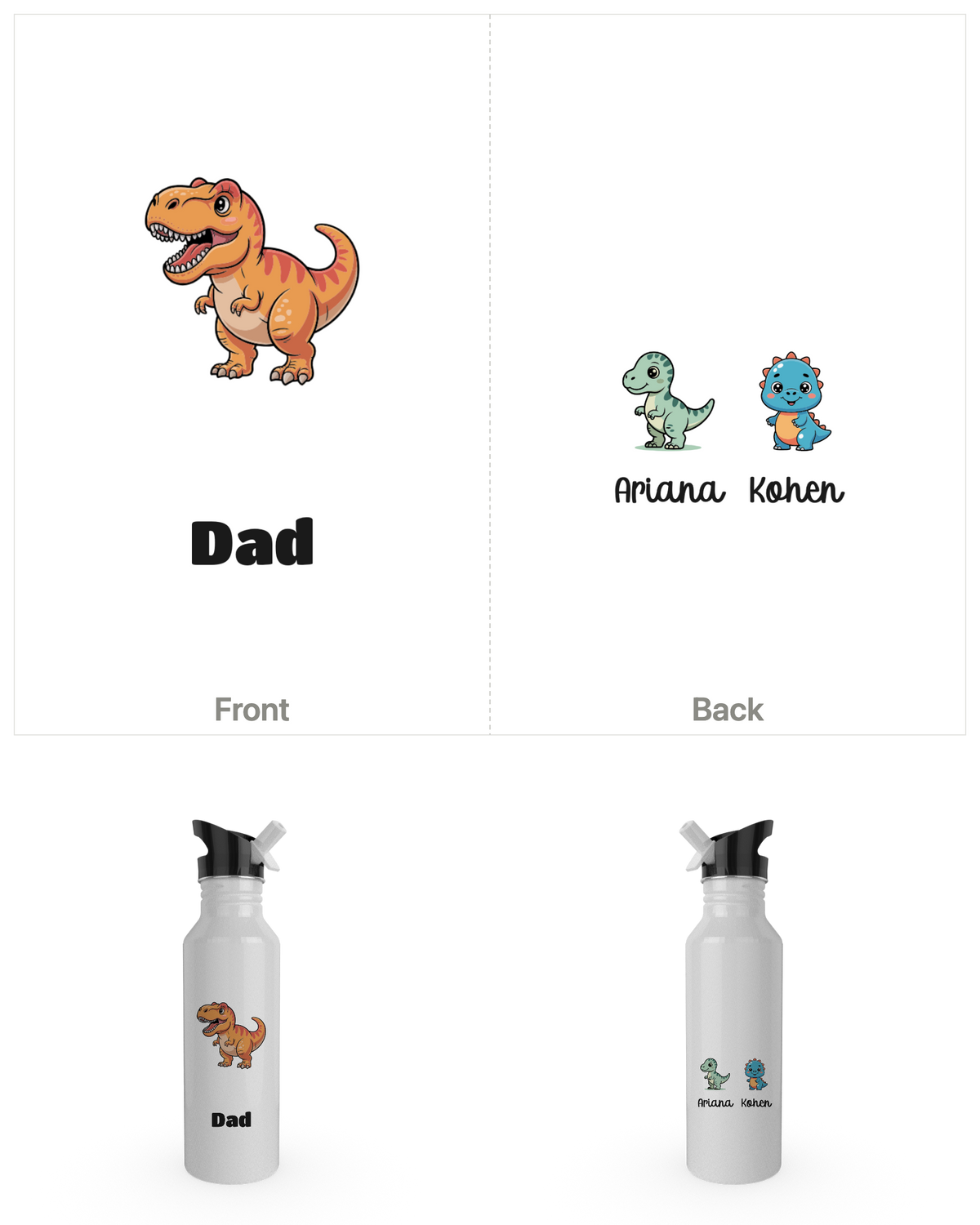 White 750ml drink bottle printed with a T-Rex and Dad on the front and the kids on the back