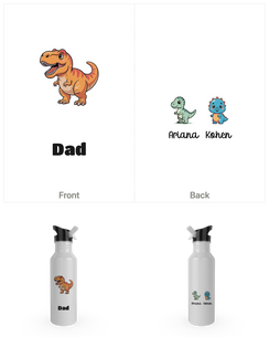 White 750ml drink bottle printed with a T-Rex and Dad on the front and the kids on the back