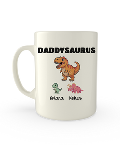 White mug printed with Daddysaurus above a T-Rex and two baby dinosaurs with names