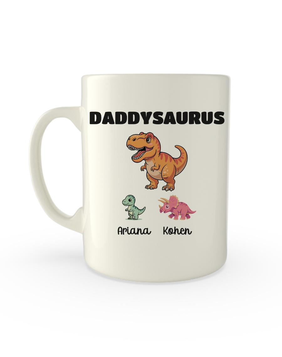 White mug printed with Daddysaurus above a T-Rex and two baby dinosaurs with names