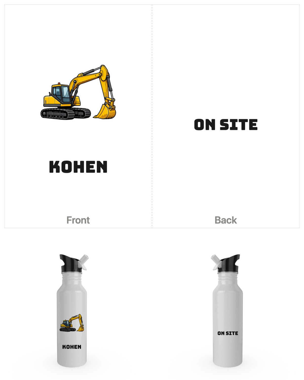 White 750ml drink bottle printed with a digger and a child's name