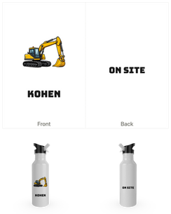 White 750ml drink bottle printed with a digger and a child's name