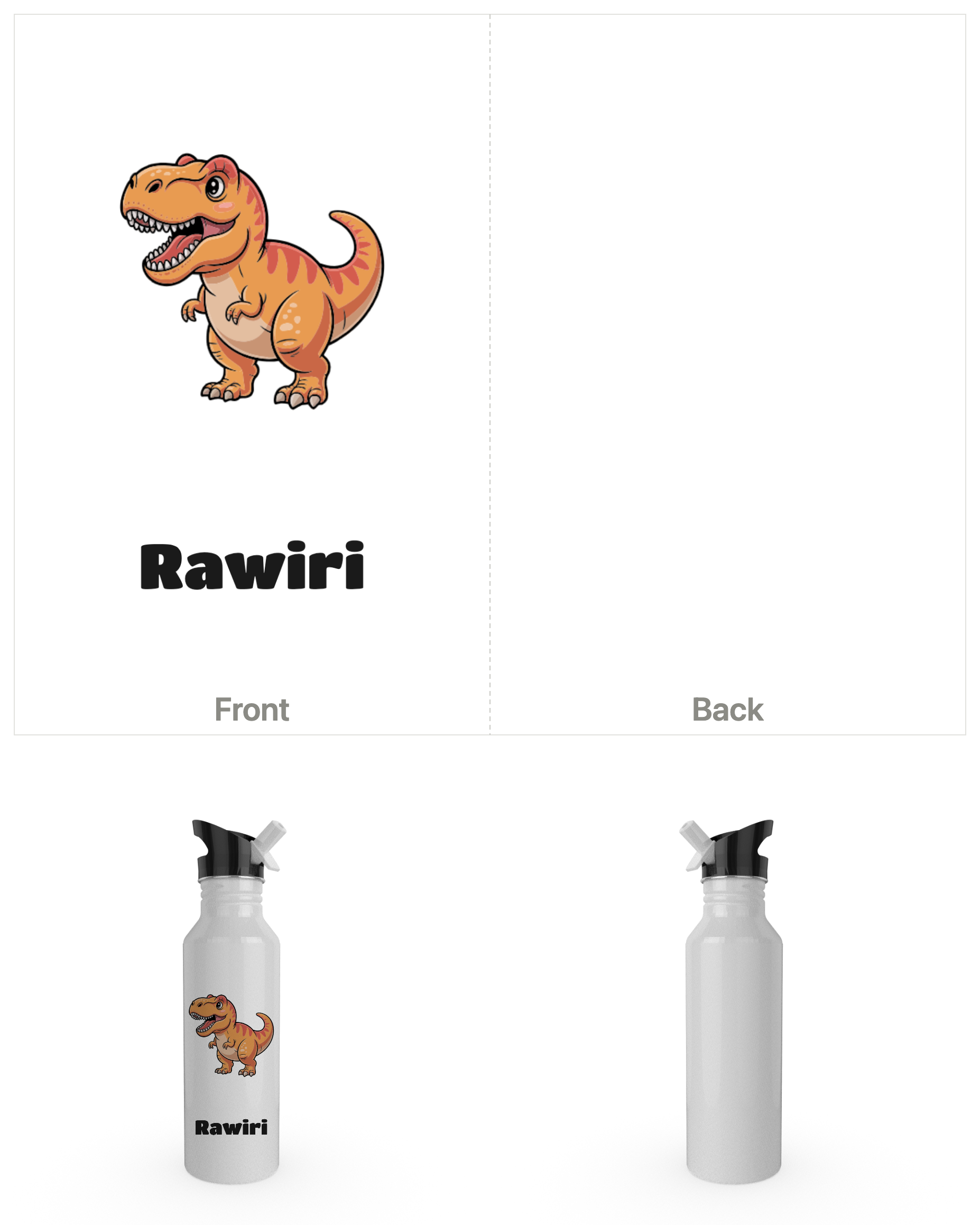 White 750ml drink bottle printed with a T-Rex and a child's name