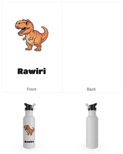 White 750ml drink bottle printed with a T-Rex and a child's name