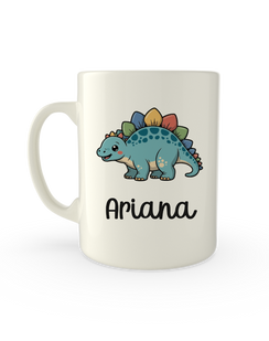 White mug printed with a stegosaurus above a child's name