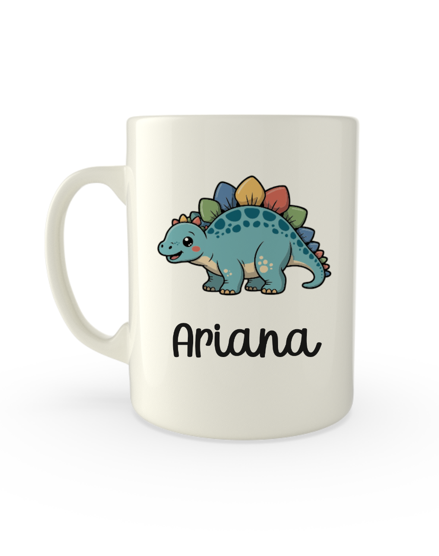 White mug printed with a stegosaurus above a child's name