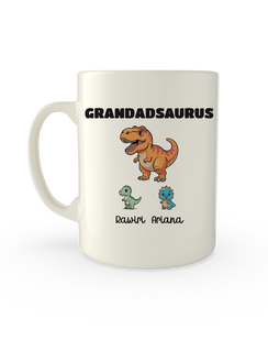 White mug printed with Grandadsaurus above a T-Rex and two baby dinosaurs with names