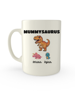 White mug printed with Mummysaurus above a dinosaur and two baby dinosaurs with names