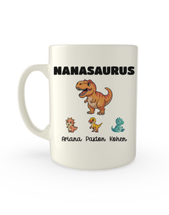 White mug printed with Nanasaurus above a T-Rex and three baby dinosaurs with names