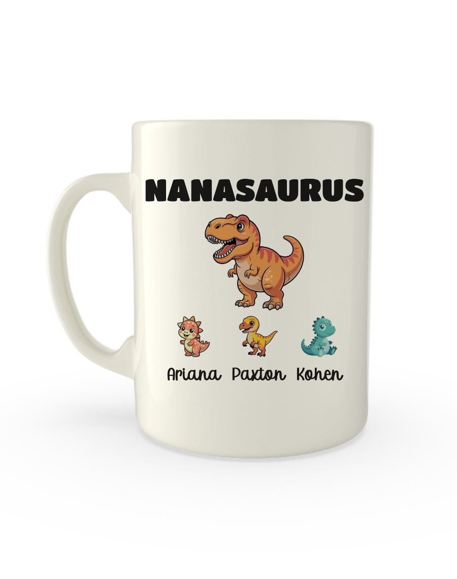 White mug printed with Nanasaurus above a T-Rex and three baby dinosaurs with names