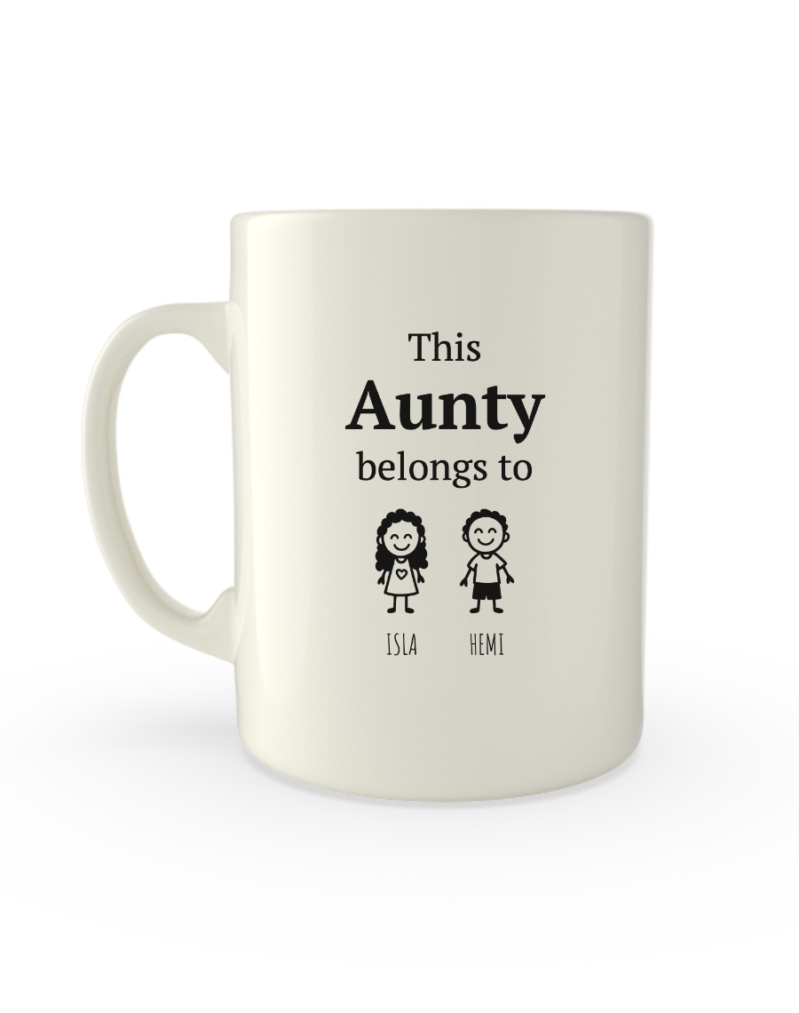 White 11oz mug printed with This Aunty belongs to above stick figure kids and pets with their names