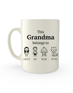 White 11oz mug printed with This Grandma belongs to above stick figure kids and pets with their names
