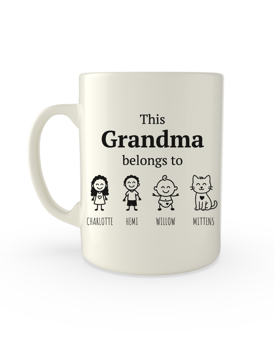 White 11oz mug printed with This Grandma belongs to above stick figure kids and pets with their names