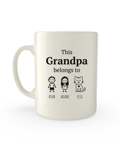 White 11oz mug printed with This Grandpa belongs to above stick figure kids and pets with their names