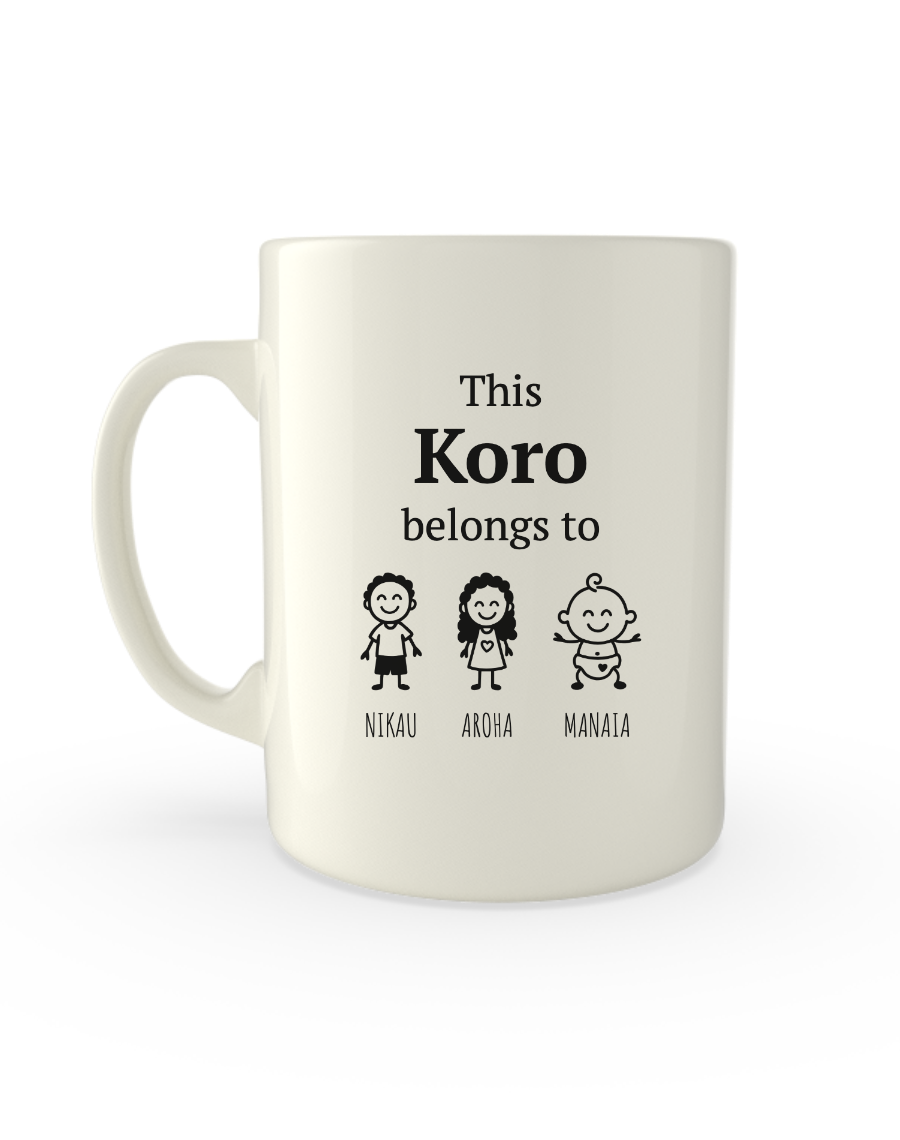 White 11oz mug printed with This Koro belongs to above stick figure kids with their names