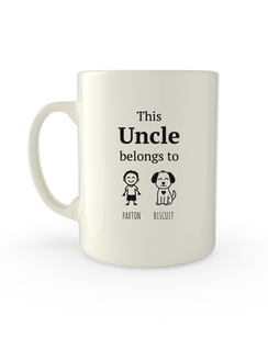 White 11oz mug printed with This Uncle belongs to above stick figure kids and pets with their names