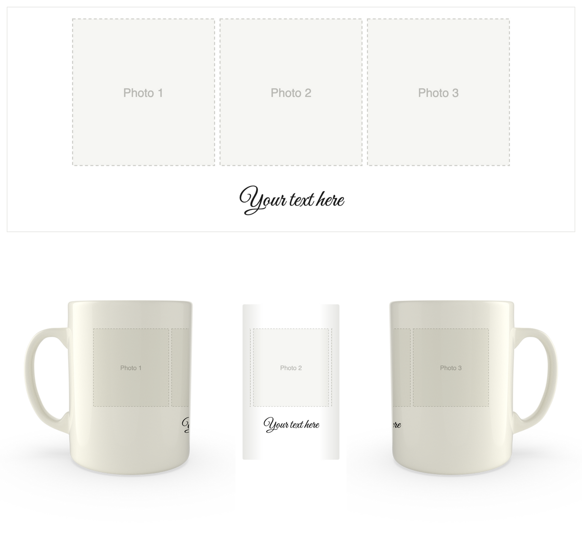 White mug printed with three photos and a line of text