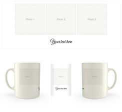 White mug printed with three photos and a line of text