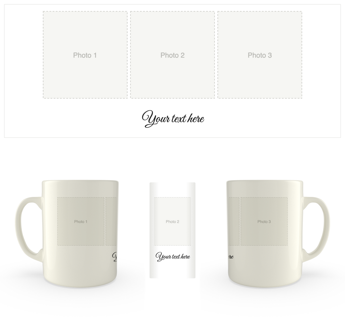 White mug printed with three photos and a line of text