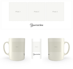 White mug printed with three photos and a line of text